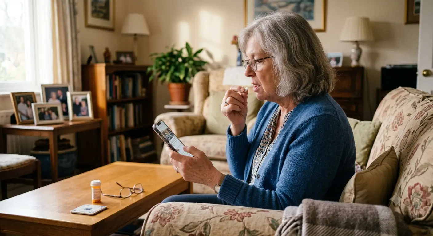 An older woman taking her medication while checking the Vitanex app on her phone at home